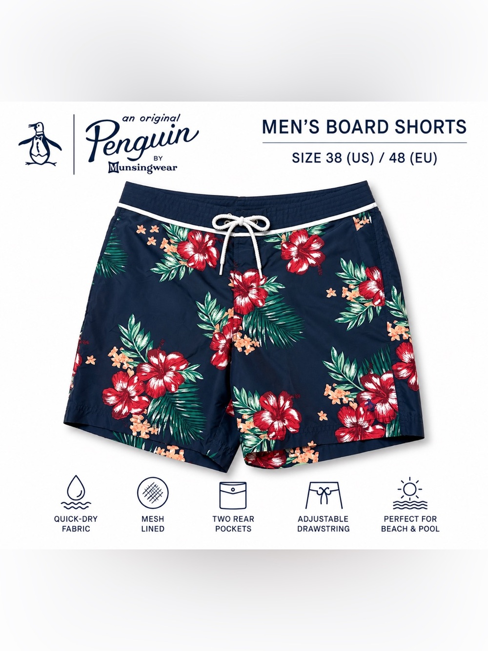 Original Penguin Floral Board Shorts Men’s Size 38 Navy Hawaiian Swim Trunks